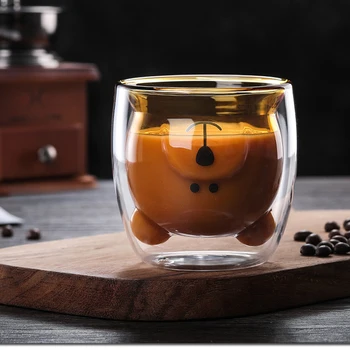 

290/260 ml Coffee Cup Double Layer Heat-Resistant Glass Bear Cake Towel Cartoon Creative Coffee Cup Fruit Juice Milk Household