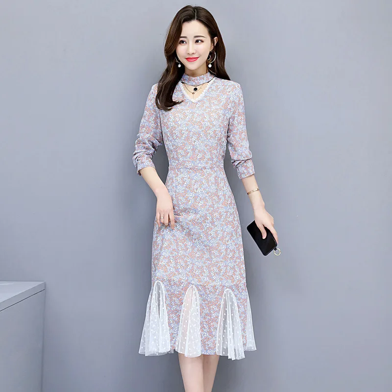 

Long Sleeve Chiffon Printed One-piece Dress 2019 Spring Clothing New Style Women's Debutante Mid-length Slim Fit Slimming Base F