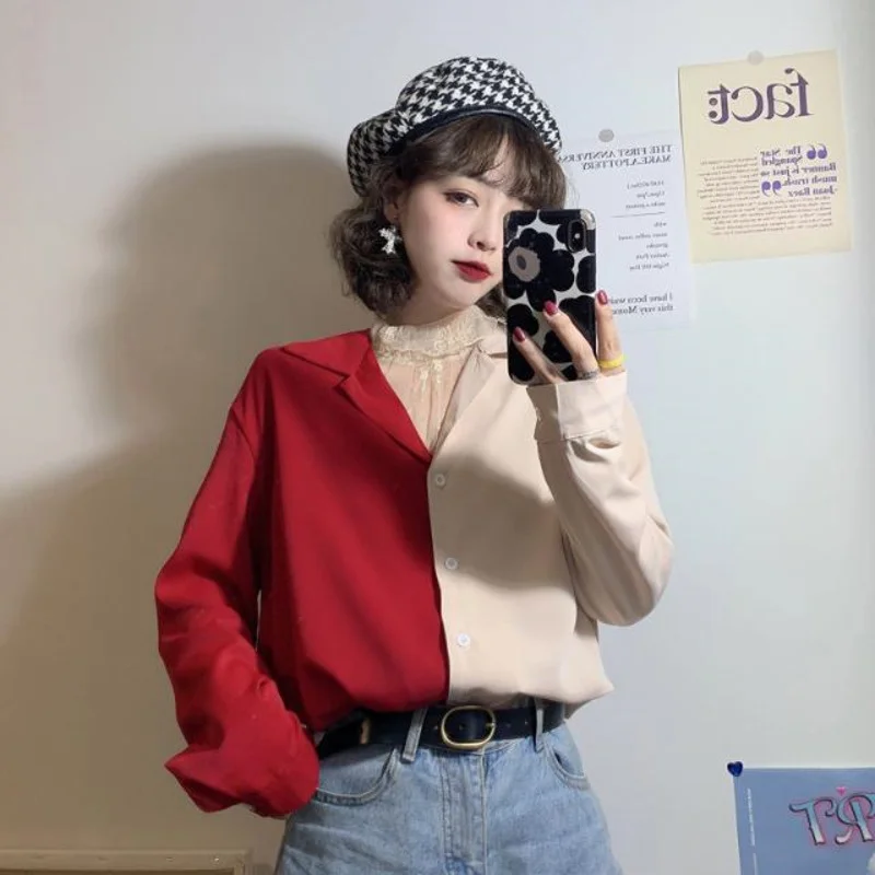 

Blouses Shirts For Women Y2k Spring New Korean Contrast Color Suit Collar Loose Long Sleeve Harajuku Shirt Blouse Tops