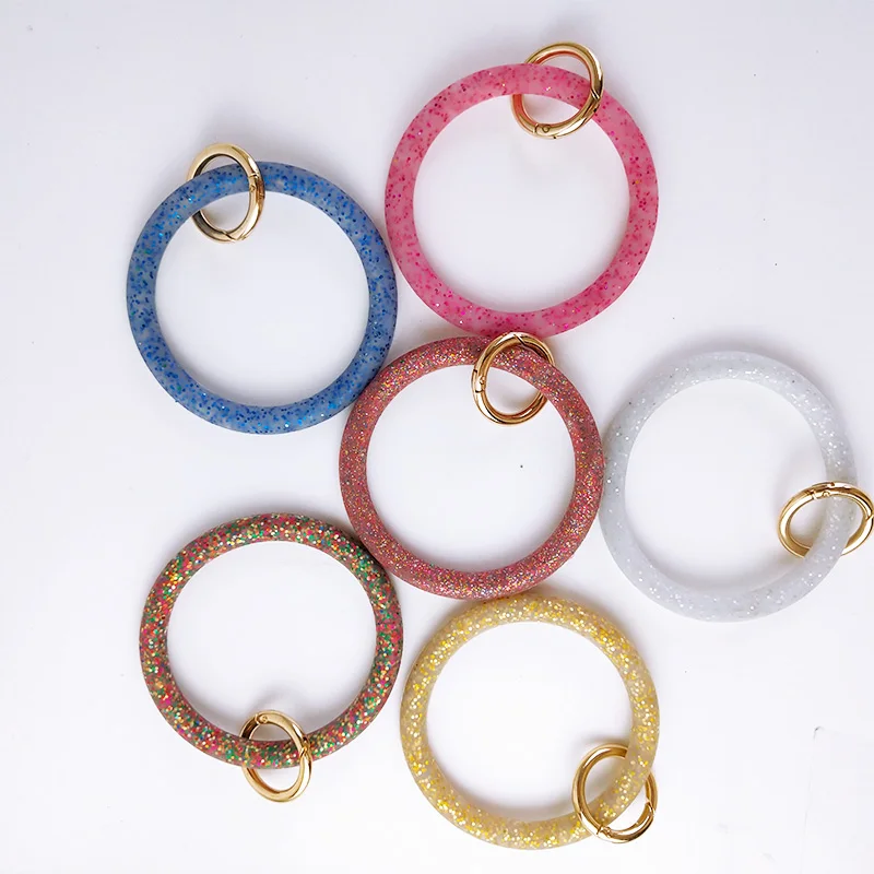 Cpop Trendy Silica Gel Wristlet Key Chains Bangle Geometric Hollow Circle Glitter Car Keychain Fashion Women Accessories Gifts
