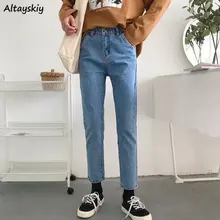 Женские джинсы, классические, джинсовые, одноцветные, студенческие, простые, корейский стиль, Ulzzang, женские, s, по щиколотку, брюки, для девушек, BF, свободные, 2XL, модные, шикарные