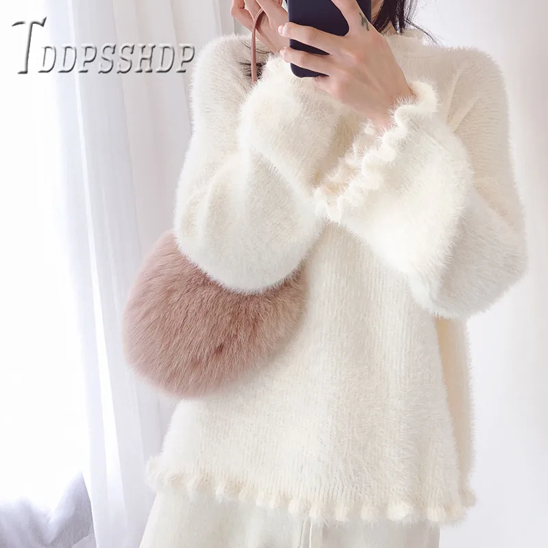 Милый вязаный женский свитер с имитацией кроличьего меха, корейские свободные Осенние Теплые женские свитера