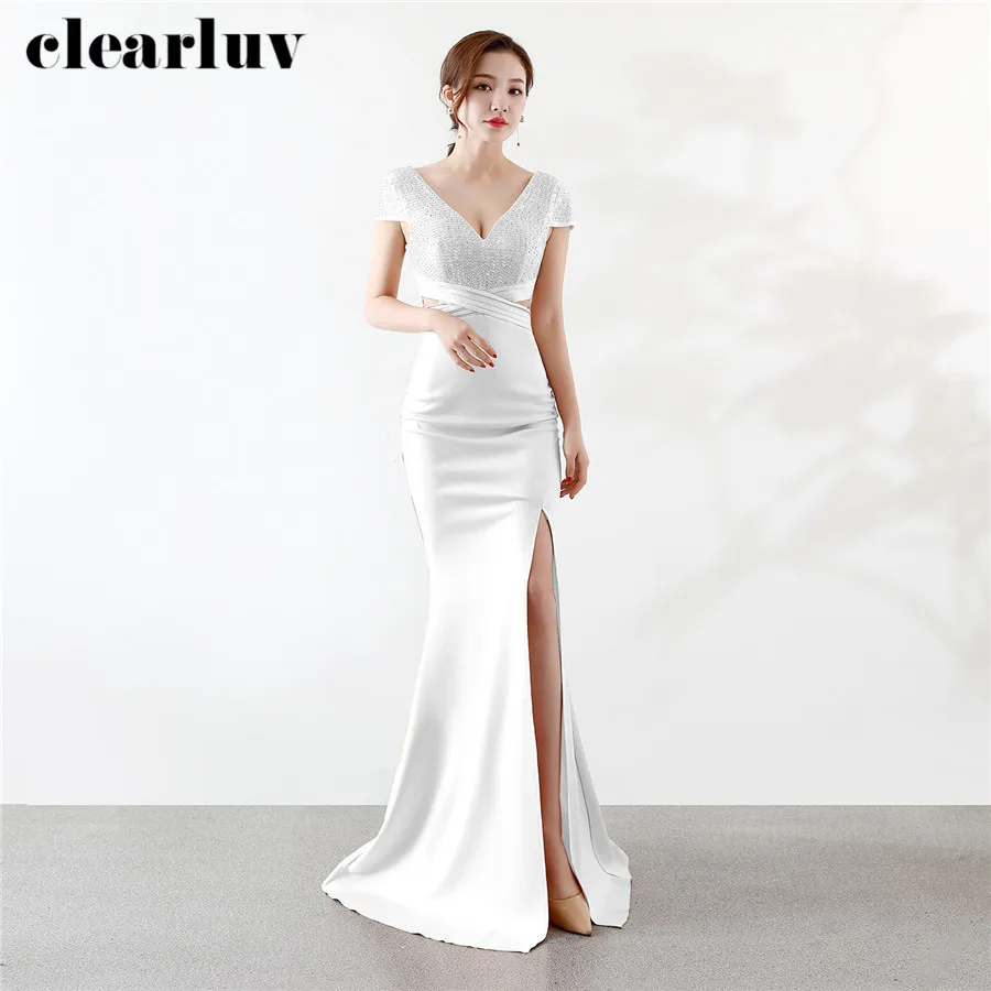 Robe De Soiree размера плюс сексуальное вечернее платье с глубоким v-образным вырезом DX335 Вечерние платья Русалка с разрезом сбоку длинные платья для выпускного со стразами