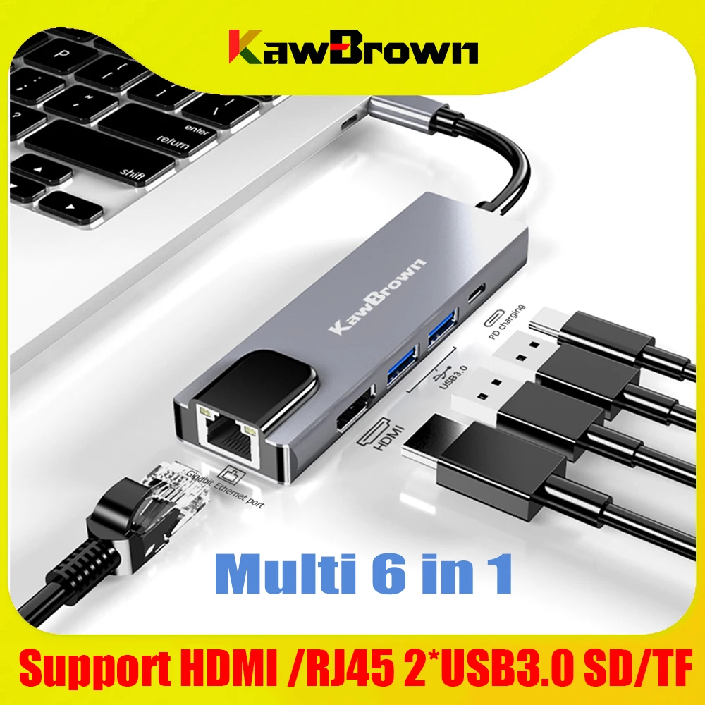 KawBrown 5 в 1 мульти USB C док станция концентратор Поддержка к 3 0/4K HDMI/RJ45 1000M/PD Зарядка
