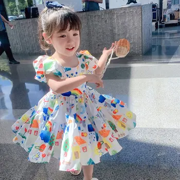 

2 3 4 5 6 Years Toddler Girl Dress Fashion Cartoon Printed Short Sleeve Princess Dress Bubble Sleeves Kids Clothing Summer New