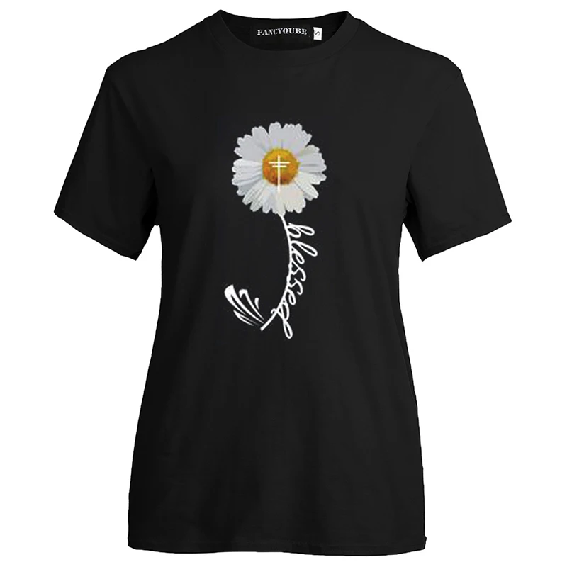 Летняя женская футболка с принтом маргаритки, Повседневная футболка с коротким рукавом и круглым вырезом, модная черная футболка S-XL - Цвет: W20632BK