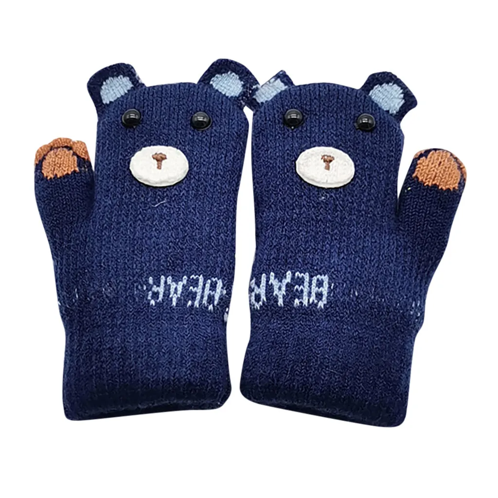 Коллекция года, зимние детские теплые перчатки с лямкой на шее, топ с медвежонком из кашемира, с мультяшным принтом, бархатные плотные перчатки для детей, для мальчиков и девочек,# BL0 - Цвет: Navy
