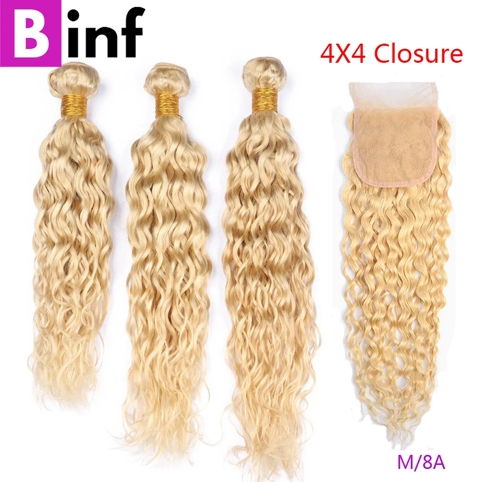 

BINF 613 Blonde 3 Bundles with Closure Peruvian Water Wave Blonde Human Hair Bundles With Frontal Pre Plucked Remy Hair On Sale