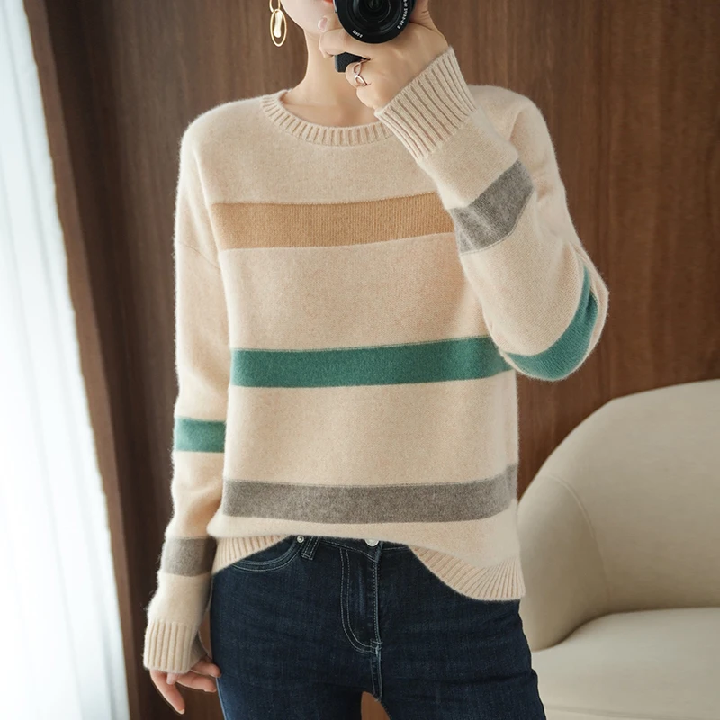 100% Wool Cashmere Stripe Sweater Women 2020 Color matching Knitted Long Sleeve Round neck Ladies sweater | Женская одежда
