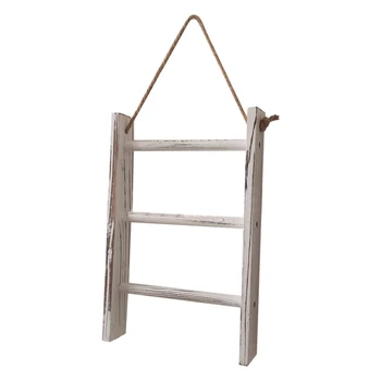 

3 Tiers Living Room Storage Ladder Kitchen Home Decor Wall Hanging Whitewashed Wooden Towel Rack With Rope Bathroom Retro Mini