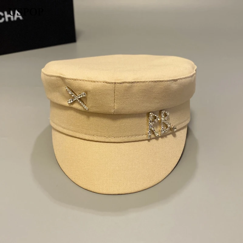 USPOP Cotton and Linen Rhinestone Letter Newsboy Caps Women Flat Militray Caps cotton newsboy cap