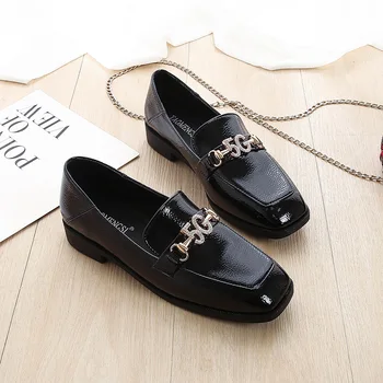 

2020 British Style Black Work Small Leather Shoes 5G Buckle Flat Large Size Women's Shoes
