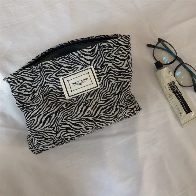 Black and White Women's Fashion Handbag Zipper Mobile Cosmetic Storage Bag Organizer Canvas Makeup Toiletry Clutch Mask Storage Cosmetic Bag 2