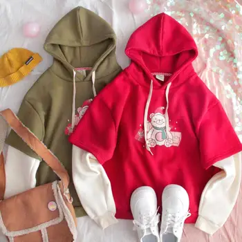 

Autumn Plus velvet Fake Two-piece Hoodie Sweatshirt Young Girl Loose Student Sweet Bear Print Soft Sister Hooded Pullover Tops
