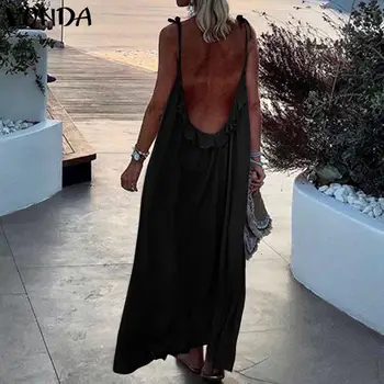 

VONDA Summer Beach Dress 2020 Women Sexy Sleeveless Backless Long Maxi Dresses Plus Size Bohemian Beach Sundress Loose Vestidos
