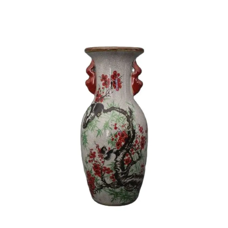 

Chinese Old Porcelain Crack Glazed Magpie And Plum Blossom Painting Binaural Vase