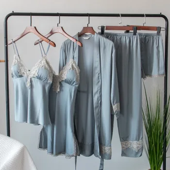 

Casual Satin Sleep Set Pajamas Suit Women Sleepwear Nightwear Solid Full Sleeve Lace Homewear 5PCS Shirt&pant soft bathrobe