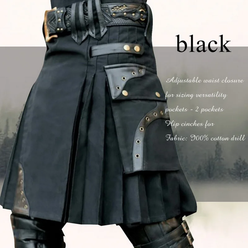 

Litthing Scottish Mens Kilt Traditional Skirt Metal Classic Retro Personality Belt Bilateral Gothic Punk Check Pattern Skirts