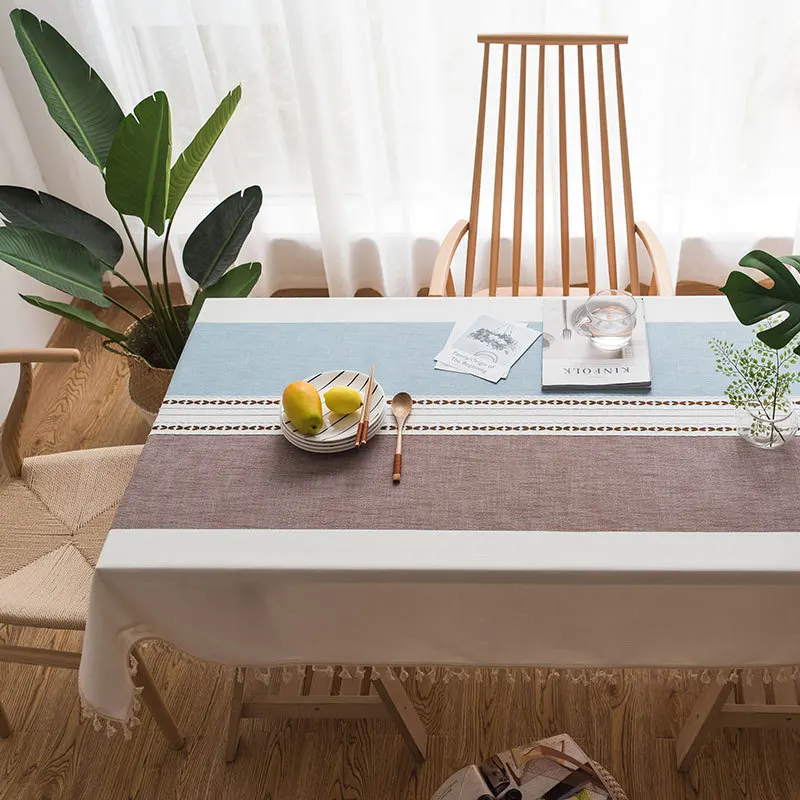 

Cotton and Linen Tablecloth Embroidered Tassel Rectangular Dining Table cha ji bu Home table cover