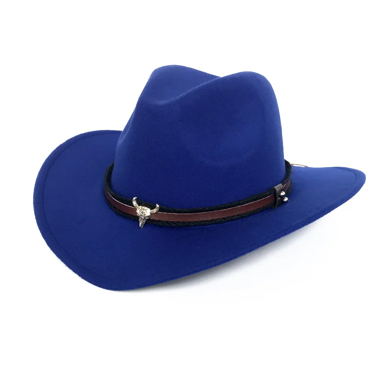 YY Metal Bull Belt Fedora Кепка для мужчин с широкими полями ковбойские шапки; сезон осень-зима теплая Трилби панама джаз шляпа FD19032 - Цвет: Blue Bull Cowboy