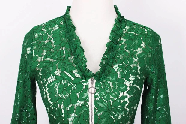 Pinkoz Runway Vogue Womens Green Lace Dresses Elegant Bodycon Office Lady Dress V Neck Front Zipper Slim Midi Dress Vestidos