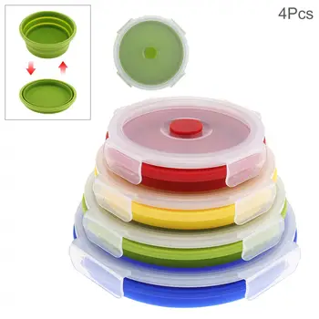 

4pcs/set 350 / 500 / 800 / 1200 ML Portable Circular Silicone Scalable Folding Lunchbox Bento Box with Sealing Plug Centigrade