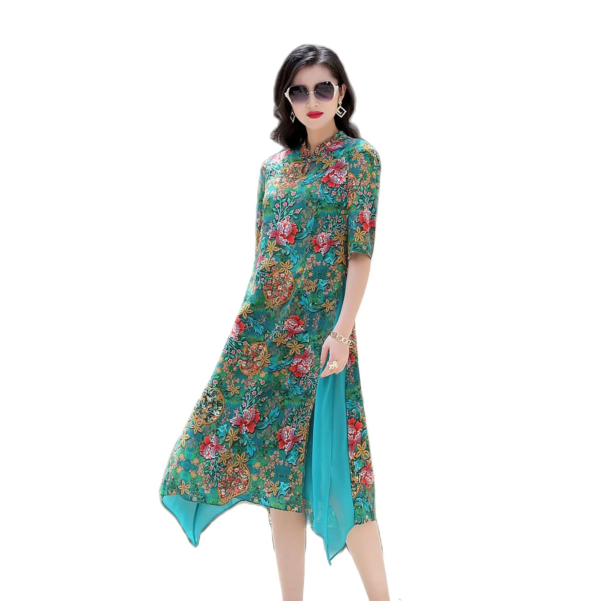 

21LLT2238 New Fashion 2021 100%Silk Dress Summer High-End Chinese Style Elegance Retro Improved Cheongsam