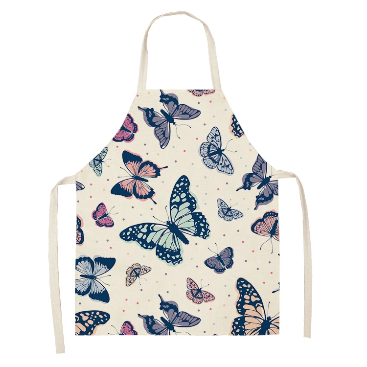 1PC Cotton Baking Waist Bib Linen Flower Butterfly Printed Kitchen Sleeveless Aprons Women Home Cooking Pinafore 53*65cm WQL0147 - Color: WQL0147-17