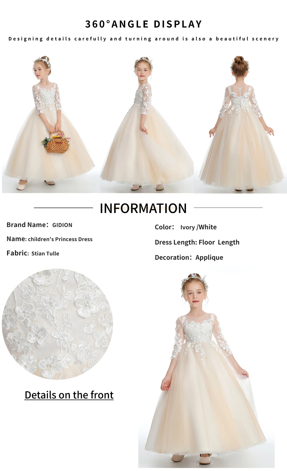 Puffy Tulle Appliques Baby Ball Gown Flower Girl Dresses Long Sleeve Princess Dress Wedding Party Dress First Communion