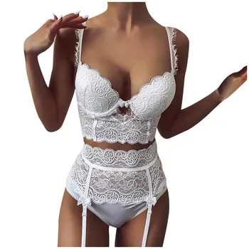 

Sexy Lingerie 3 Piece Set Women Lace Bra Set Deep V-neck Chest Pad Bra Thong Bow Sexy Hollow Underwear White Lingerie Set Z0610