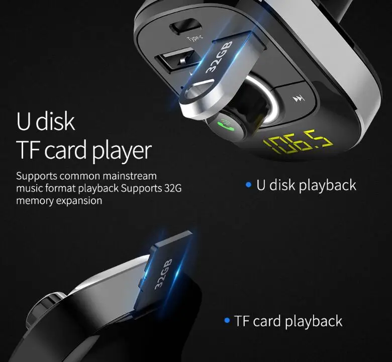 По DHL или FedEx, 50 шт., Bluetooth гарнитура, тип-c, USB, автомобильное зарядное устройство, fm-передатчик, радио, Mp3 плеер, беспроводной автомобильный комплект T19