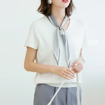 

Japanese Women Solid Color T-Shirt Summer Linen Ice Silk V-neck Knit Shirt Lazy Casual Loose Thin V-neck T-shirt Minimalist