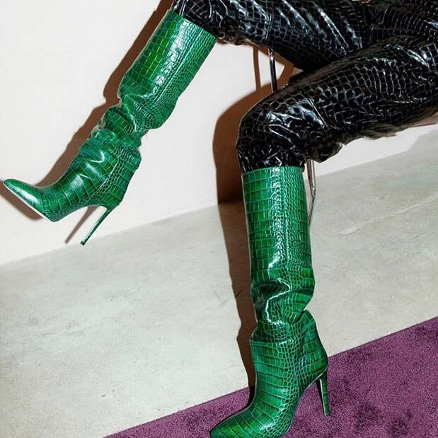 Stylish Green Python Pattern Women Knee High Boots Pointed Toe Slipon