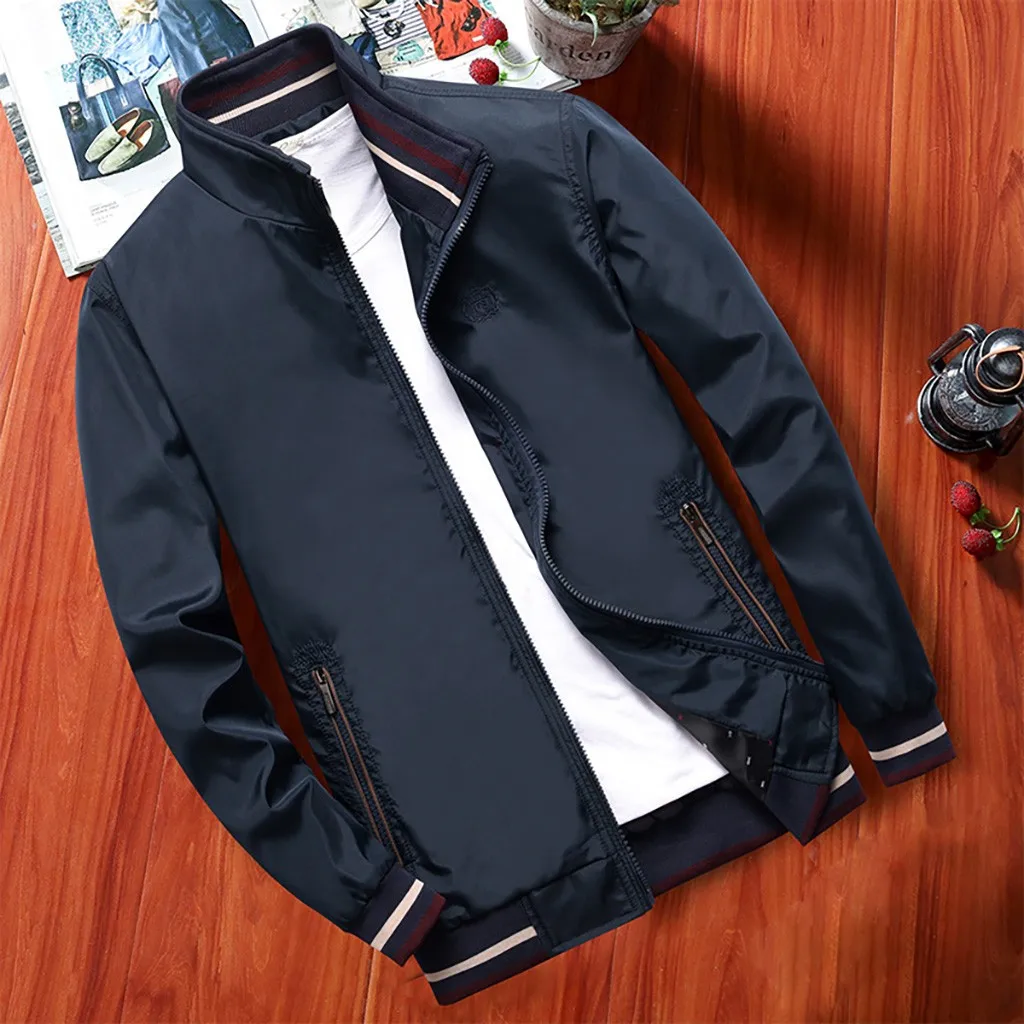 Dark Blue Мужская куртка, мужская повседневная модная однотонная спортивная куртка на молнии с карманами, ветрозащитная короткая куртка - Цвет: Dark Blue
