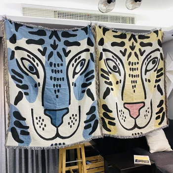 

Yellow Blue Tiger Facial Tapestry Throw Blanket Multifunction Sofa Covers Tassel Dust Cover Air Conditioning Blankets