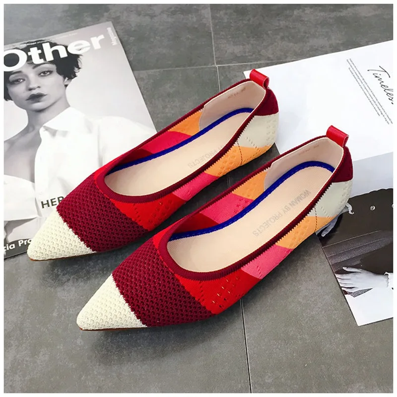 Rainbow red SUOJIALUN/Женская обувь на плоской подошве; Дышащие Трикотажные Лоферы без застежек; модная женская повседневная обувь на плоской подошве с острым носком и узким эластичным верхом - Цвет: Rainbow red