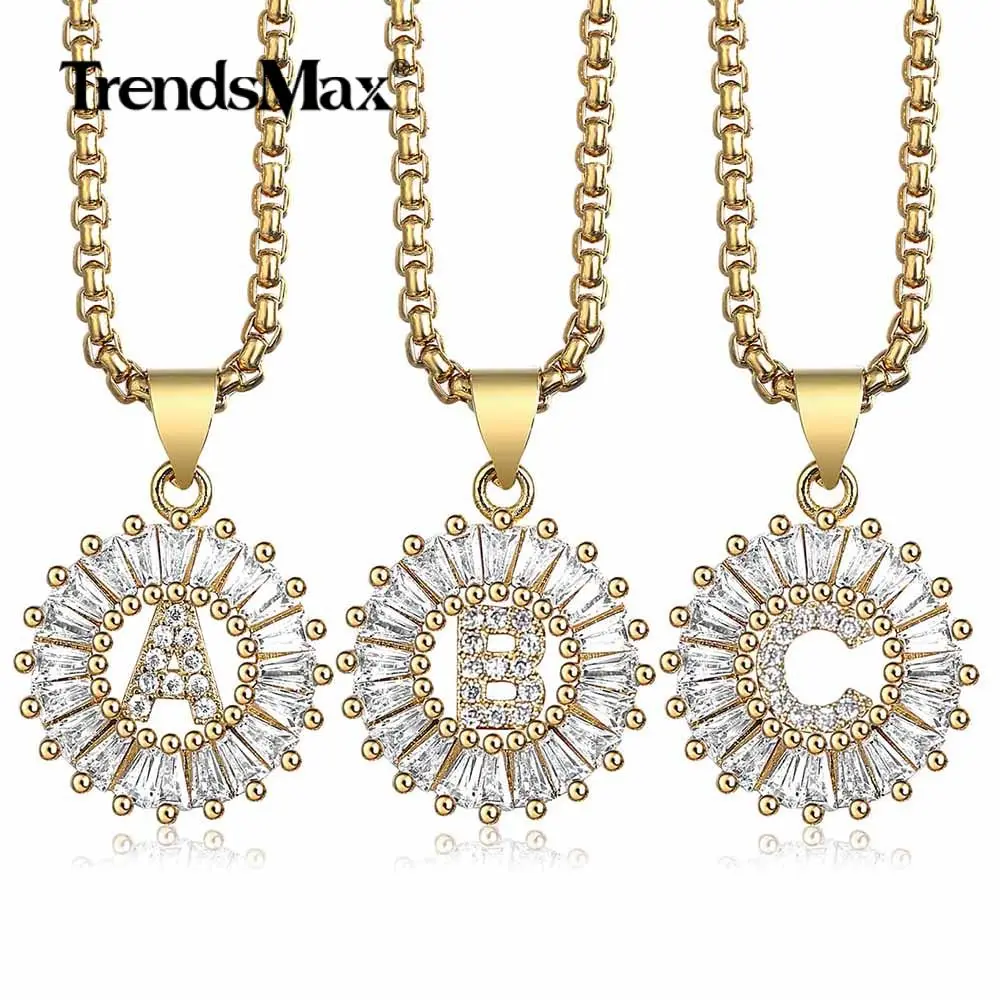

CZ Initial Letter A to Z Alphabet Pendant Necklace for Women Men Rhinestone Gold Filled Chain Round Pendant Capital Letter GP399