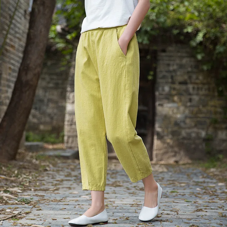 Johnature Loose Comfortable Solid Color Pockets Elastic Waist All-match Calf-length Pants 2020 Autumn New Women Straight Pants