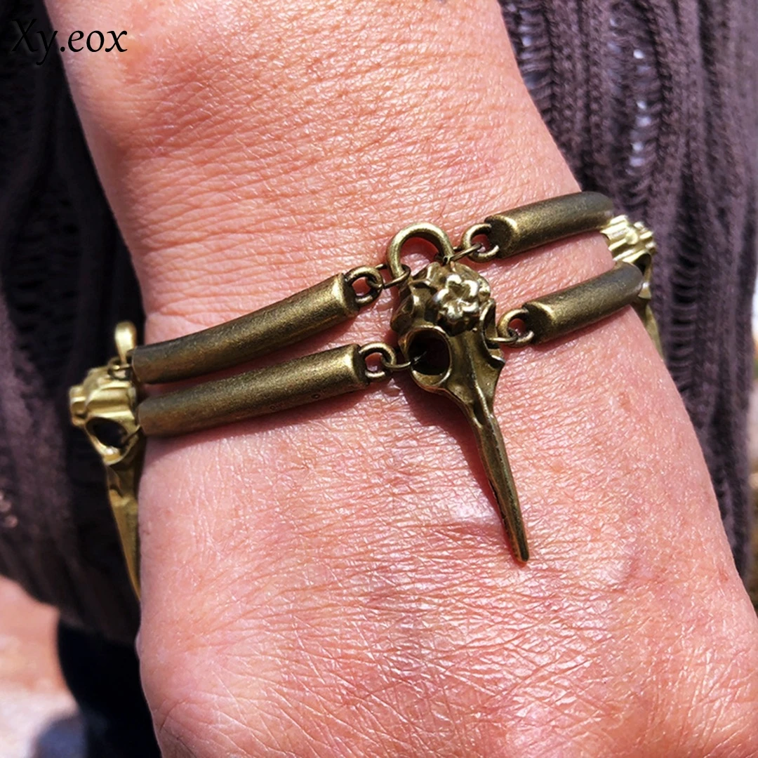 

Браслет в готическом стиле, винтажный двухслойный браслет с вороном и черепом, волшебные украшения Wicca
