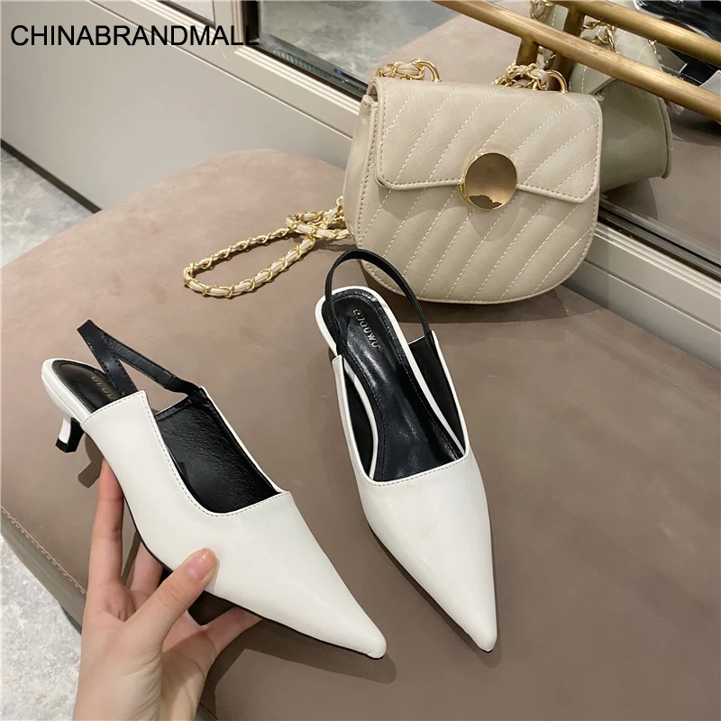 

2020 Summer Elegant Women Slingback Sandals White Black Silver Low High Heels Closed Toe Sandals Casual Office Lady Party Shoes