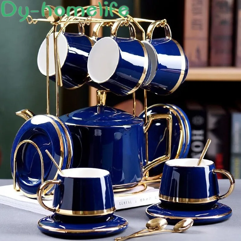 

Nordic Phnom Penh Blue Green Ceramic Coffee Tea Set Hotel Home Coffee Cup Saucer Pot with Metal Frame Coffee Set Tea Set