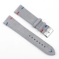 Premium Vintage Suede Leather Blue Watch Strap - 22mm (Gray - Red Blue Line)