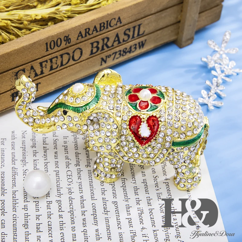 H& D Стразы, ювелирный слон, ручной работы, металлический брелок-коробка, фигурка животного, Ювелирное кольцо, коробка для украшения дома, Свадебный декор(золото