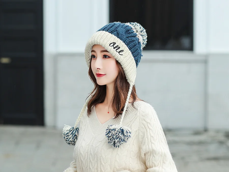 Женские зимние шерстяные шапочки Skullies SUOGRY Femme, теплые шапки с ушками, женские шапочки с помпоном, шапки для бант для девочки, Осенние милые модные