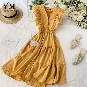 

YuooMuoo V Neck Summer Ruffled Women Dress Ladies Sleeveless Button Romantic Party Dress 2020 New Ins Fashion Women Midi Dress