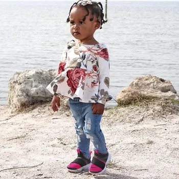 

Baby girl Toddler kids clothes ropa niña одежда для новорожденных Floral Tops T-shirt Ripped Jeans Denim Pants Outfits Set #4