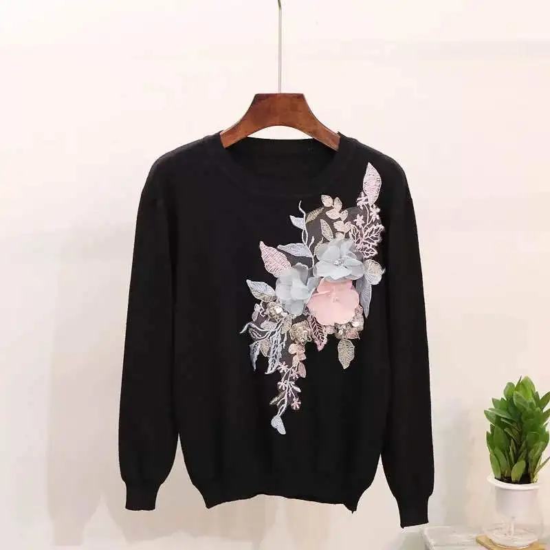 Neploe, осень, новинка, тяжелый пуловер с вышивкой и пайетками, свитер с круглым вырезом, однотонный, трехмерный цветок, Pull Femme Hiver 45961 - Цвет: black