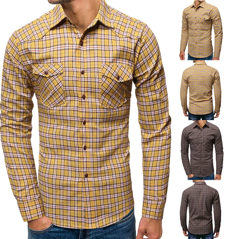 

New 2019 Men's Casual Plaid Lapel Men's Long Sleeve Shirt Double Pocket Large Size Cardigan Men's Fashion Shirt camisa masculina