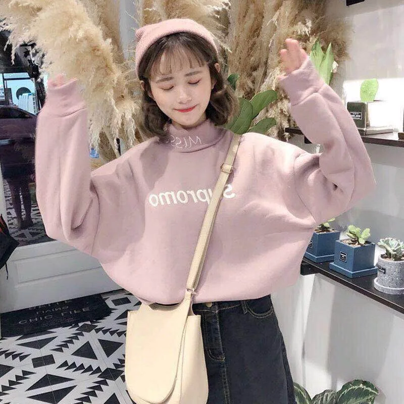 

Letter Printed Hoodie Women Funny Oversize Solid Korean Tops Female Sweatshirt Long Sleeve Turtleneck Hoodie Streetwear Girls