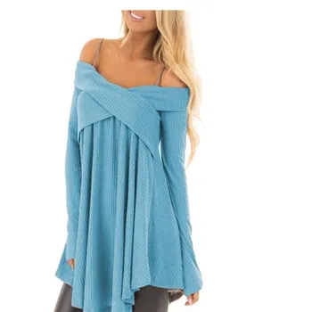 

Oufisun 2020 Autumn Fashion Sexy Off Shoulder Sling Long Sleeve Sweater Solid Knitted Pullovers Loose Casual Top Lady Sweaters